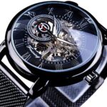 FORSINING Black Mechanical Watch for Men Minimalist Retro Design Staempunk Mechanical Skeleton Wrist Watch Transparent Business Mesh Band Watch