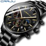 CRRJU Men’s Watches with Stainless Steel Auto Date Waterproof Analog Quartz Fashion Business Chronograph Watch for Men Gold