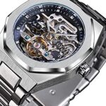 FORSINING Automatic Watch Mechanical Wrist Watch for Men Octagonal Waterproof Skeleton Watches Luxury Diamond Tourbillon Silver Stainless Steel Band
