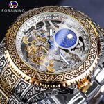 FORSINING Retro Watch for Men Carved Self-Wind Mechanical Tattoo Tourbillon Moon Phase Independent Seconds Skeleton Automatic Big Dial Wrist Watches,Gold
