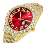 SENRUD Men’s Diamond Watch Fashion Hip Hop Crystal Rhinestone Roman Numerals Quartz Analog Watch Full Bling Iced-Out Bracelet Wrist Watch (Gold red)