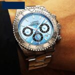 LOREO Mens Automatic Machine Multifunction Silver Stainless Steel Sapphire Glass Waterproof Watch (Light Blue)