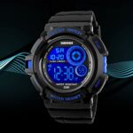 FANMIS Mens Military Multifunction Digital Watches 50M Water Resistant Electronic 7 Color LED Backlight Black Sports Watch (Blue)