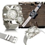 Oct17 Men’s Military Quartz Analog Wrist Watch Stainless-Steel Metal Mesh Strap Durable Sub Dials Multi Time Zone Chronograph Oversize Gunmetal – Silver