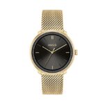HUGO Unisex #Fluid Yellow Gold Ionic Plated Watch with Interchangeable Bands, Yellow Gold Ionic Plated Mesh Bracelet and Black Leather Strap, Color: Yellow Gold (Model: 1520026)
