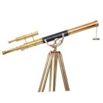 Nautical Shiny Brass Double Barrel Designer Telescope Black Leather Anchor Master with Adjustable Wooden/Brass Tripod Floor Standing Telescopic – NAVIROCK