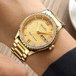 OLEVS Luxury Diamond Gold Watches for Men Big Face Dial Luminous Day Date Calendar,Male Business Casual Dress Stainless Steel Quartz Analog Wrist Watch Waterproof 3ATM Gifts Golden