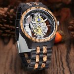 Dentily Men’s Hollow Analog Wooden Watch Retro Gear Carving Design Transparent Dial Quartz Watch for Men