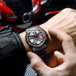 Gosasa Men Racing Watches rotatable Car Rim Wheel hub Design Sports Watches Stainless Steel Retro Waterproof Watch (Black Red) (Black Red)