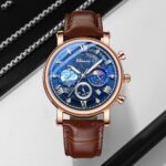 FANMIS Men’s Classic Multifunctional Military Sports Analog Watch Business Dress Waterproof Luminous Chronograph Starry Sky Moon Phase Leather Wristwatch (Brown)