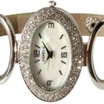 Geneva Cuff and Leather Band Retro 1960s Style Elegant Watch with Oval Face and Rhinestones