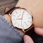 OLEVS Men’s Watch Leather Band Watches for Men Male Dress Minimalist Ultra Thin Big Face Waterproof Slim Casual White Dial Analog Quartz Wrist Watch with Date Classic Gifts Retro Strap Dark Brown