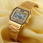 FANMIS Women’s Men’s Digital Electronic Square LED Sports Watch Multifunction Waterproof Daily Alarm Gold-Tone Watch